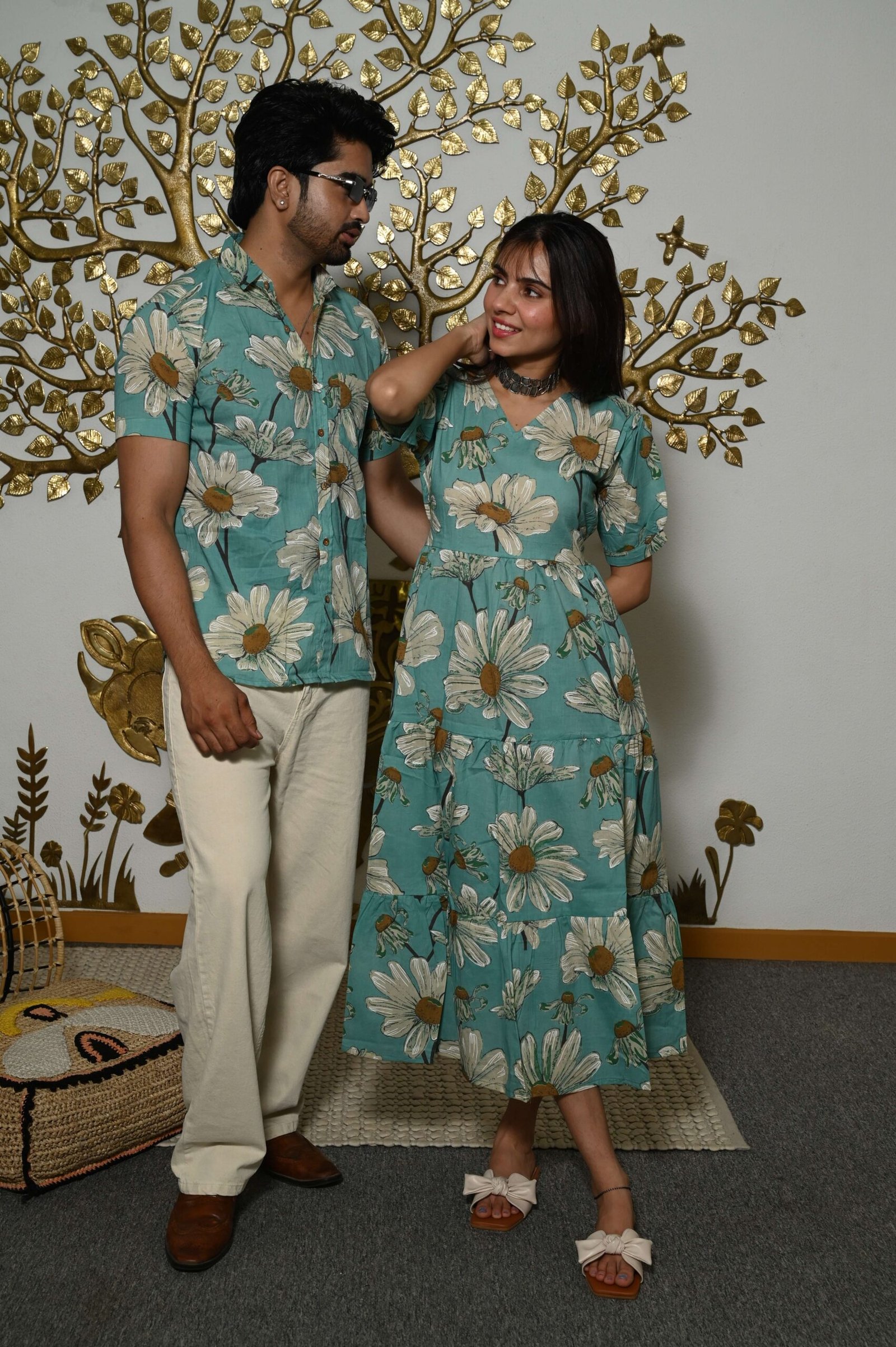 Couple Matching Teal-Blue floral Printed Cotton Anarkali Midi Dress & Shirt Set ? Summer Casual Wear - Image 4