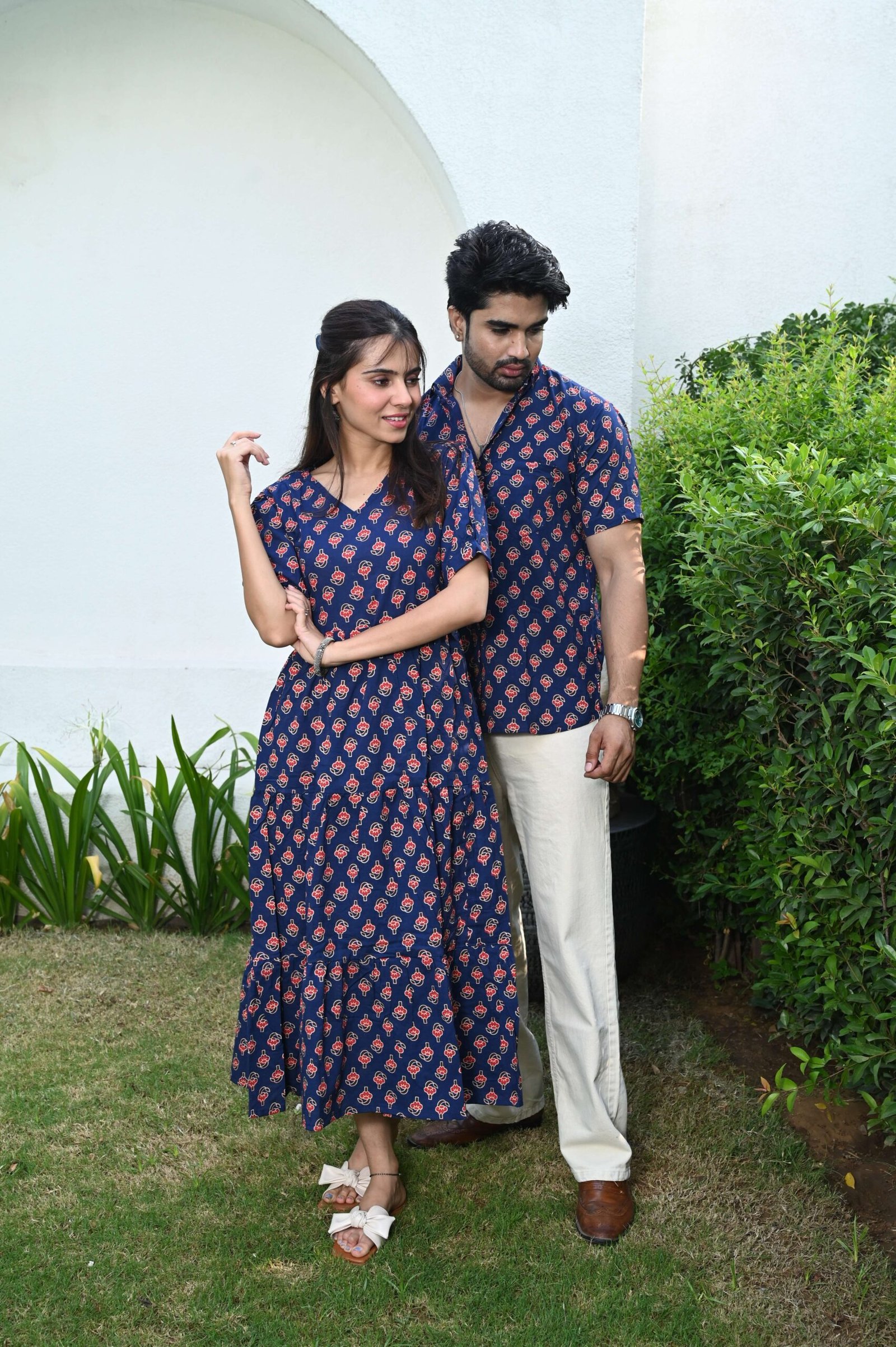 Couple Matching Navy Blue Cotton Printed Anarkali Midi Dress & Shirt Set ? Casual & Festive Wear - Image 2