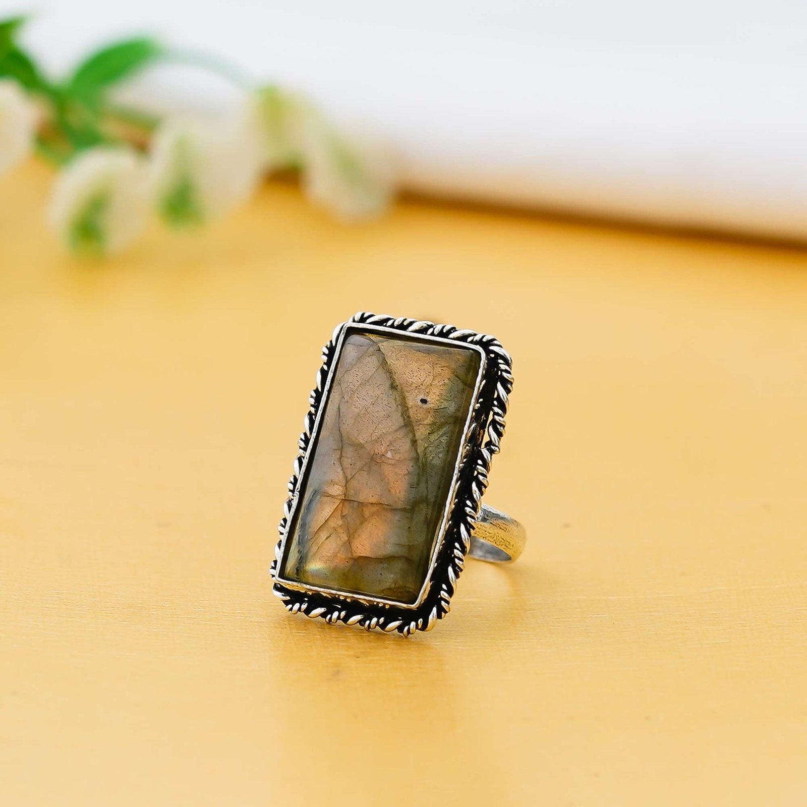 Arts Crystal Products Natural Labradorite Ring Set for Women,Vintage Joint Knuckle Stackable Rings Oval Gemstone Ring
