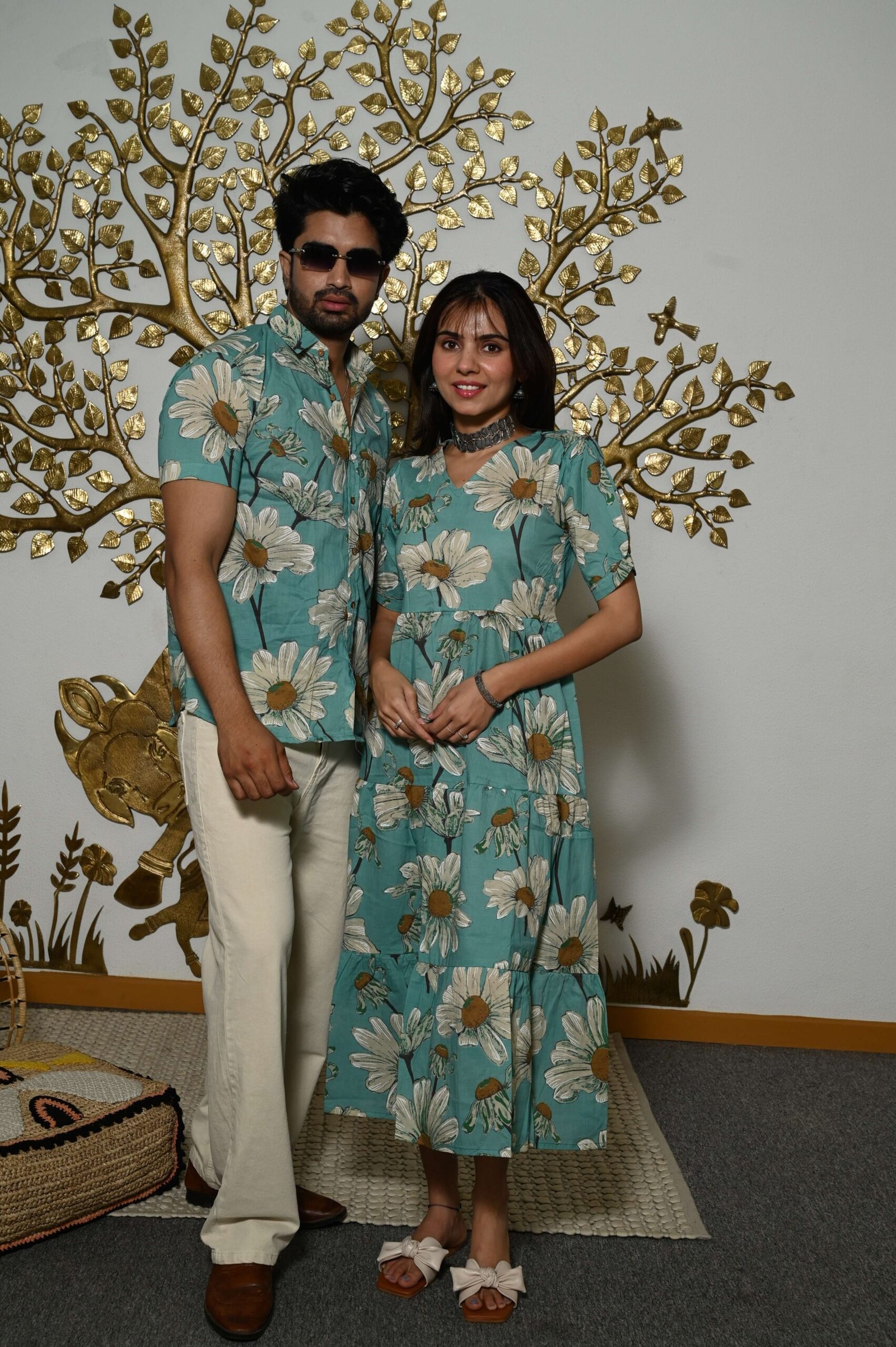 Couple Matching Teal-Blue floral Printed Cotton Anarkali Midi Dress & Shirt Set ? Summer Casual Wear