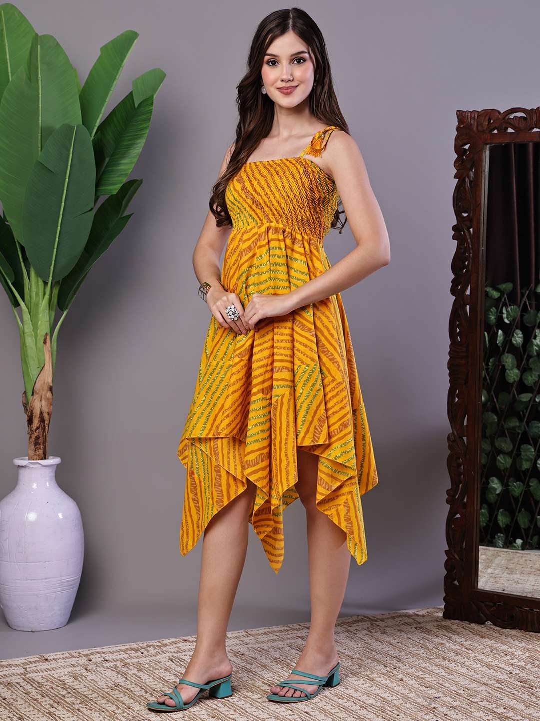 Women's Multicolor Abstract Printed Cotton Handkerchief Hem Dress Midi Dresses