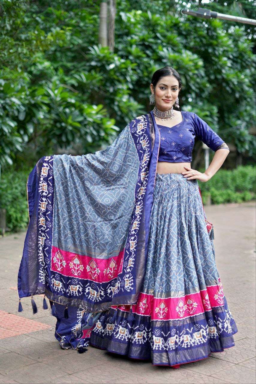 Blue Dola Silk Lehenga Choli with Light Blue Blouse | Bandhej & Ajarakh Print | Wedding & Festive Wear - Image 2