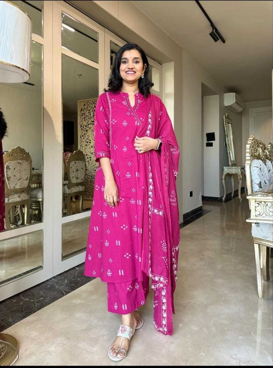Women's Cotton Embroidered Anarkali Kurti with Pant and Dupatta Set