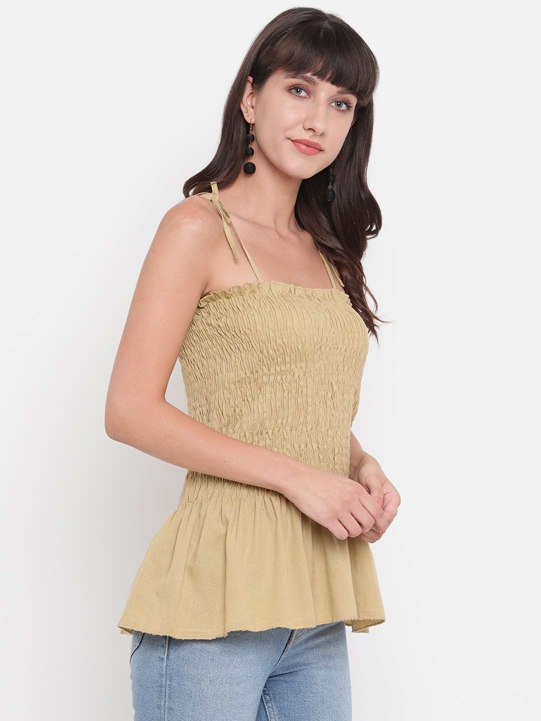 Women's Rayon Solid Casual Summer Style Tie Shoulder Straps Free Size Tank Top (Beige)