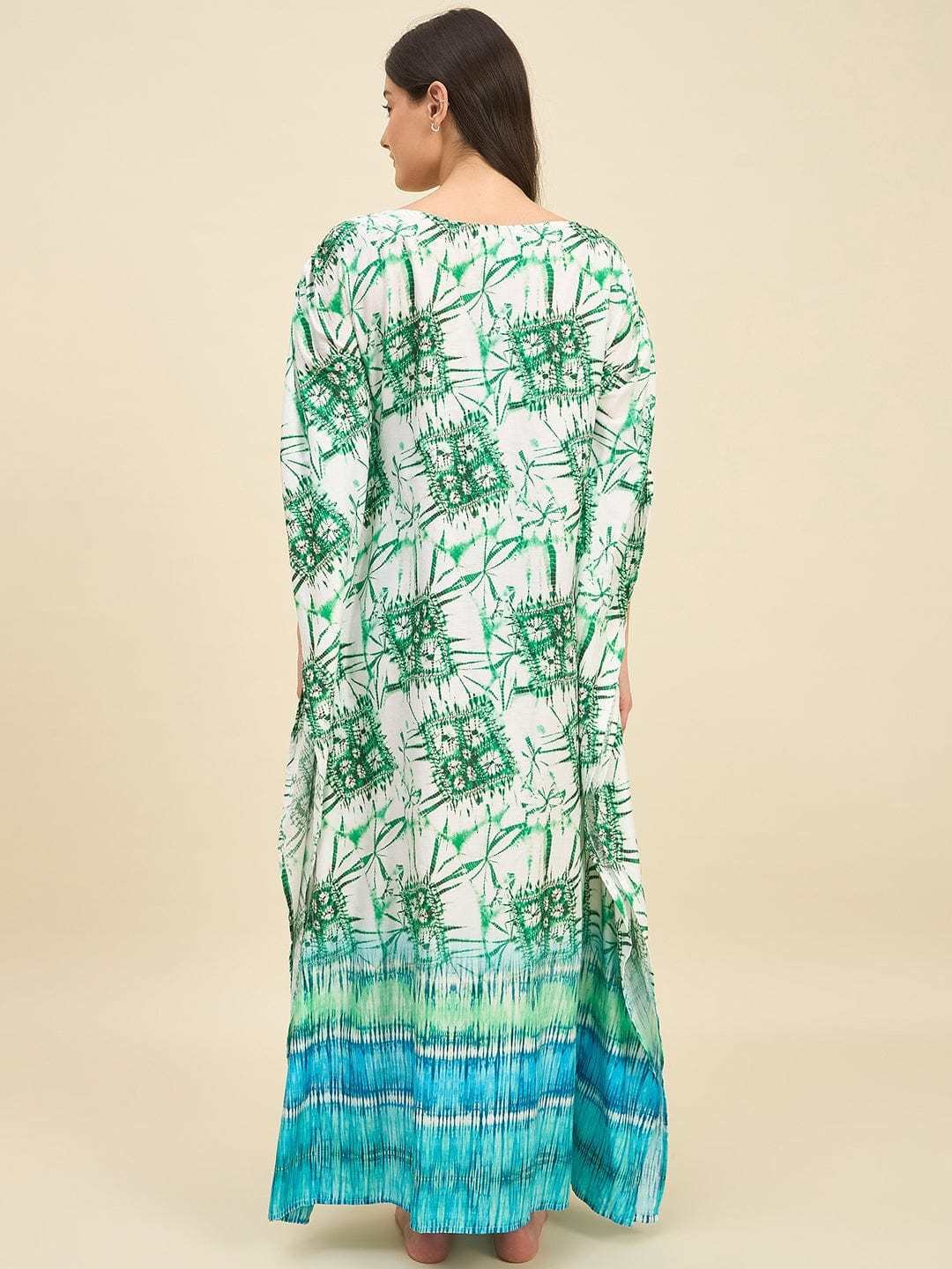 Women's Cotton Tie Dye Print Flowing Bell Sleeves Full Length Kaftan Drees Casual Beach Wear ( Green White )