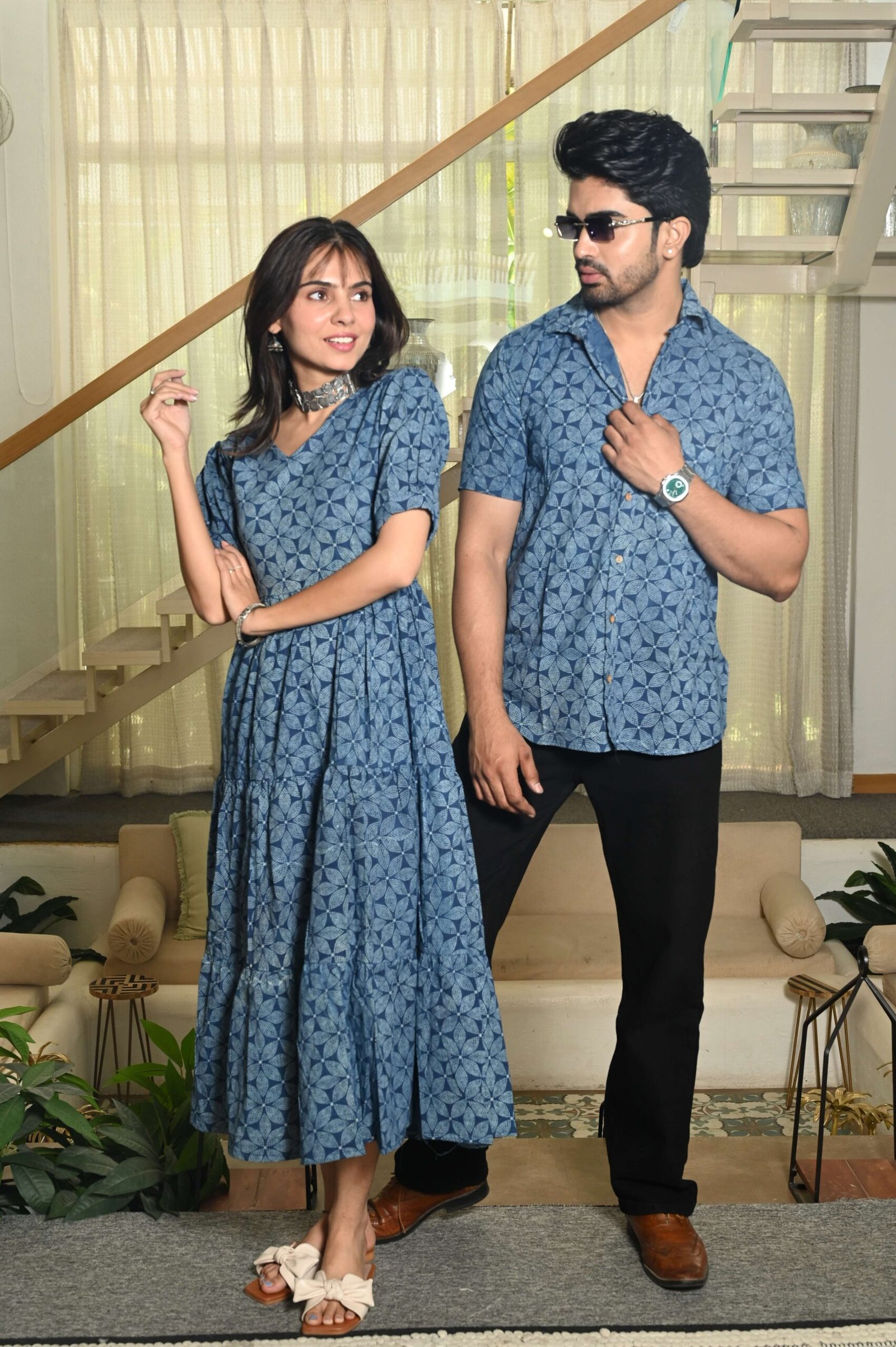 Couple Matching Blue Cotton Anarkali Midi Dress and Shirt Set ? Geometric Block Print - Image 2