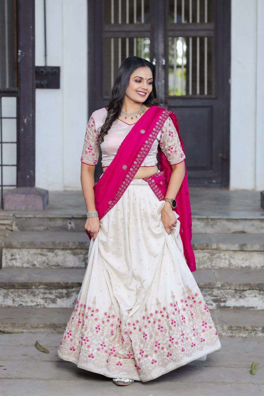 White Vichitra Silk Lehenga Choli with Red Blouse | Sequins & Thread Embroidery | Bridesmaid & Wedding Wear - Image 7