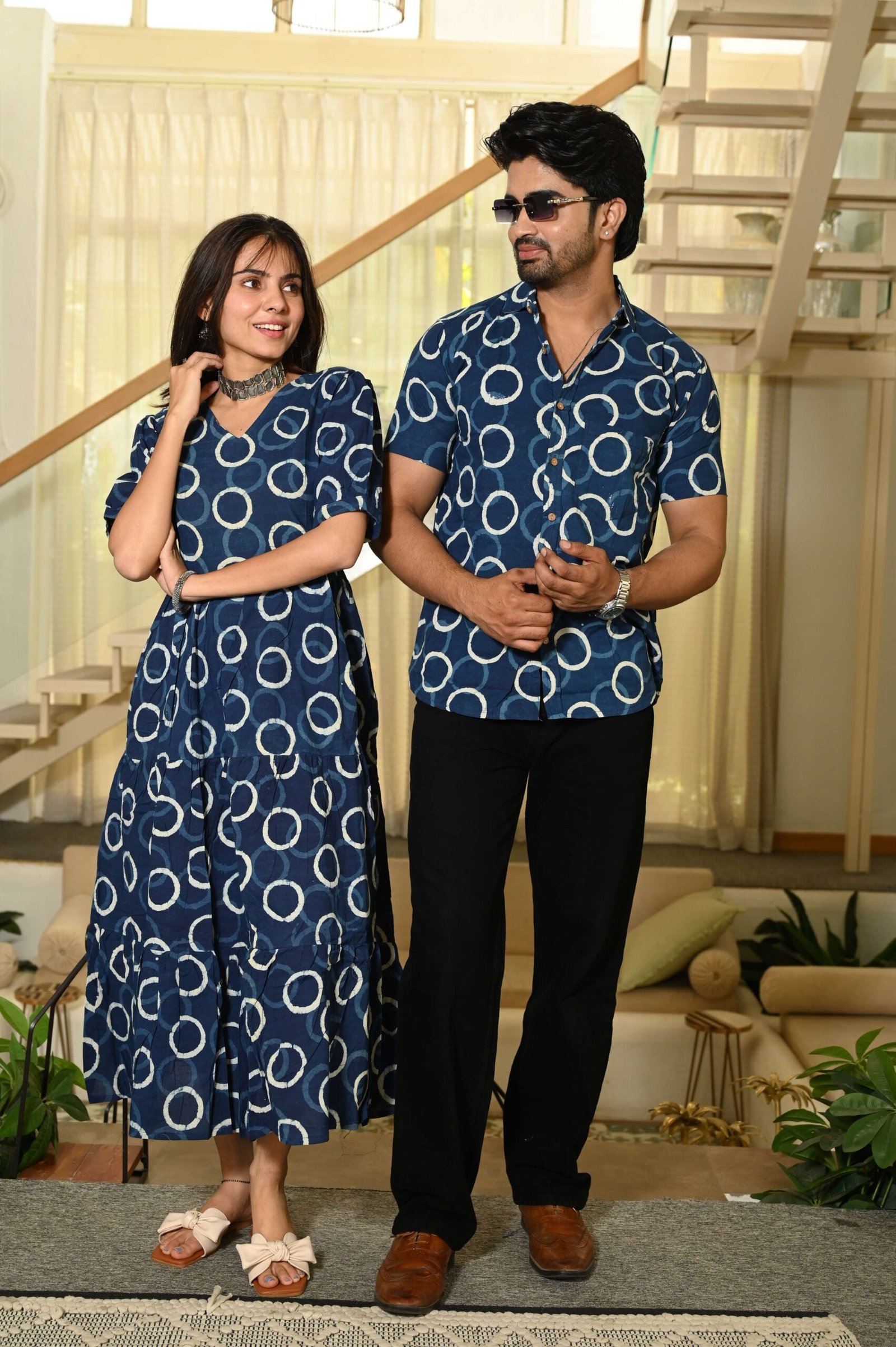 Couple Matching Navy Blue Circular Print Cotton Anarkali Midi Dress and Shirt Set - Image 2