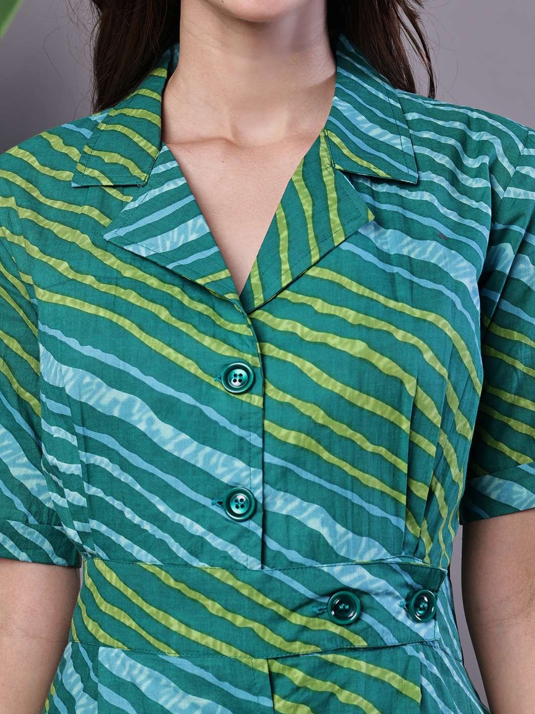 Women's eal Green Striped Cotton Midi Shirt Dress - Image 5