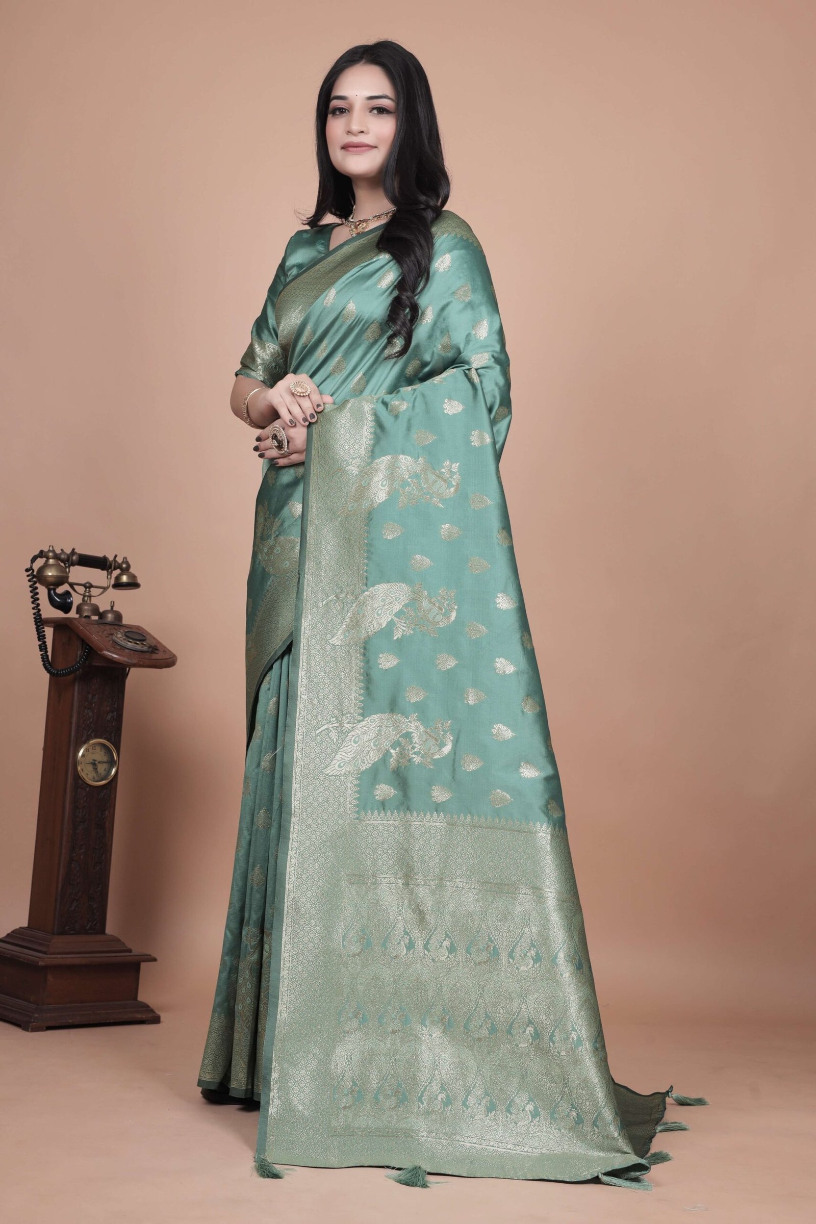 Mint Green Banarasi Silk Saree with Golden Zari & Peacock Design | Wedding, Festive & Traditional Wear | Designer Saree - Image 3