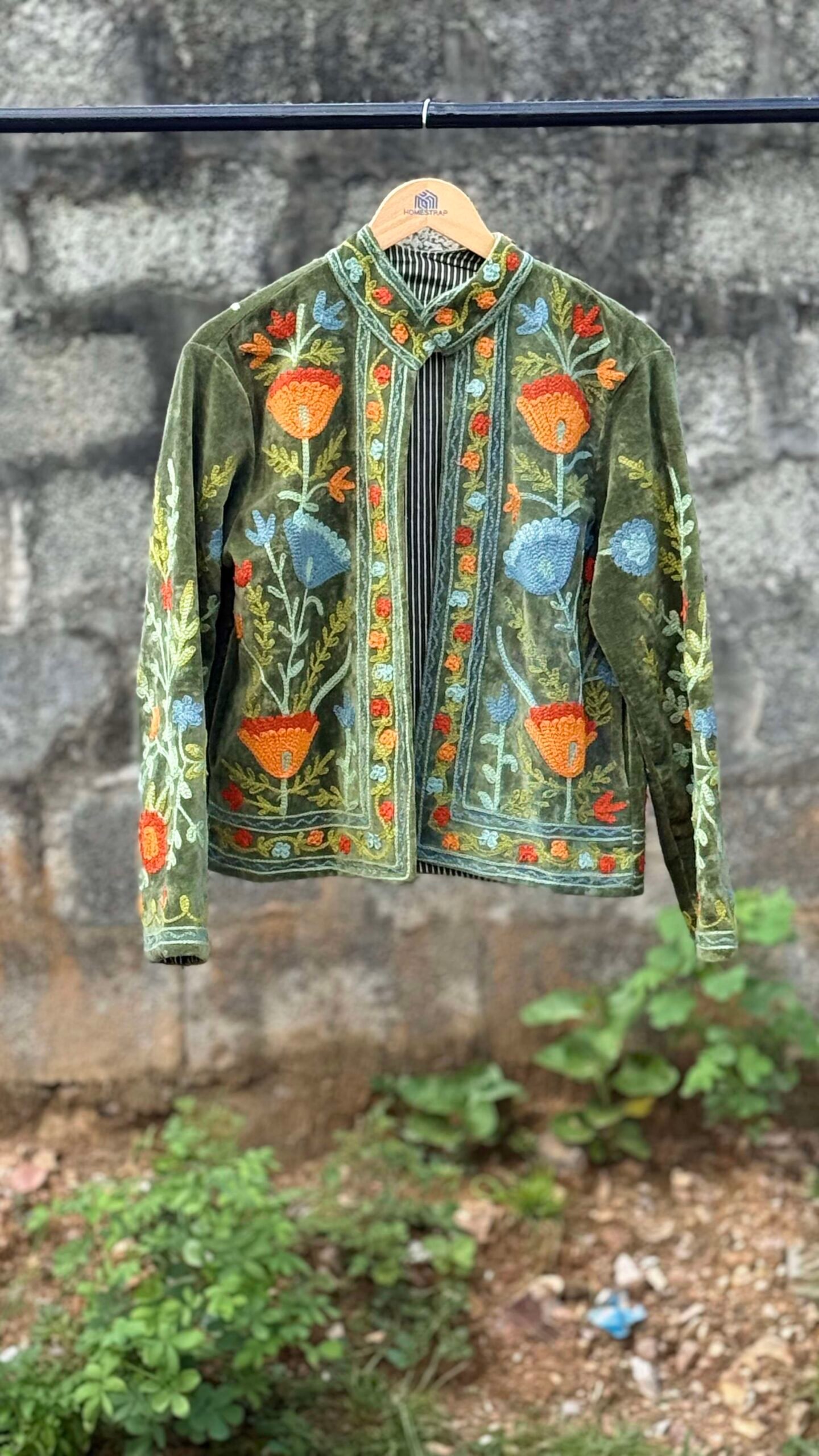 Womens Olive Green Velvet Embroidered Jacket with Floral Design