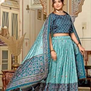 Teal Blue Dola Silk Lehenga Choli with Minakari Foil Print | Wedding & Festive Wear