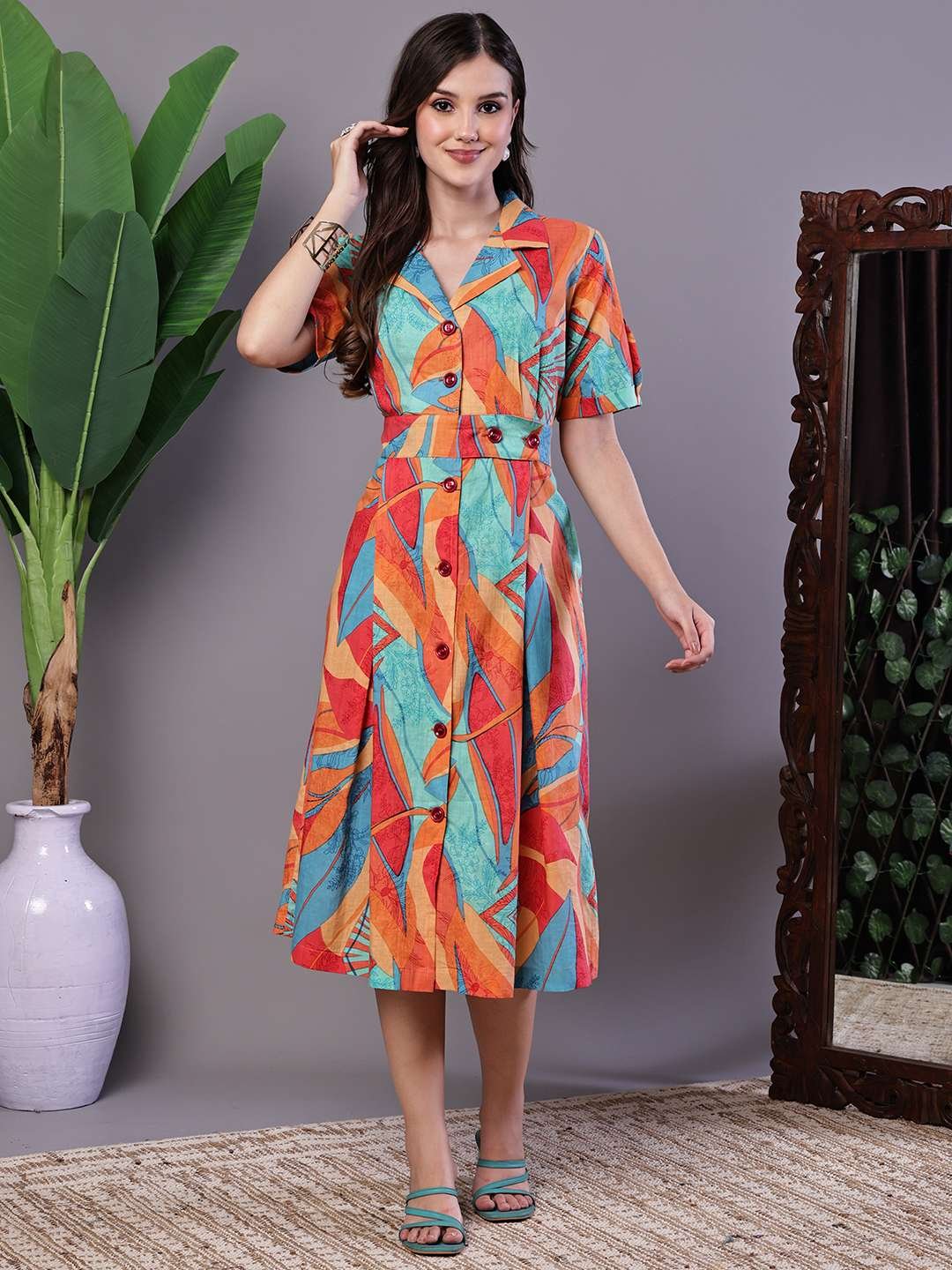 Women's Tropical Print Button-Down Cotton Midi Dress