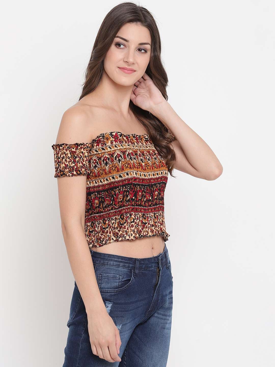 Women's Rayon Printed Off-Shoulder Smocked Crop Top Short Sleeve Casual Styles Tank Top (FREE SIZE) Multi7