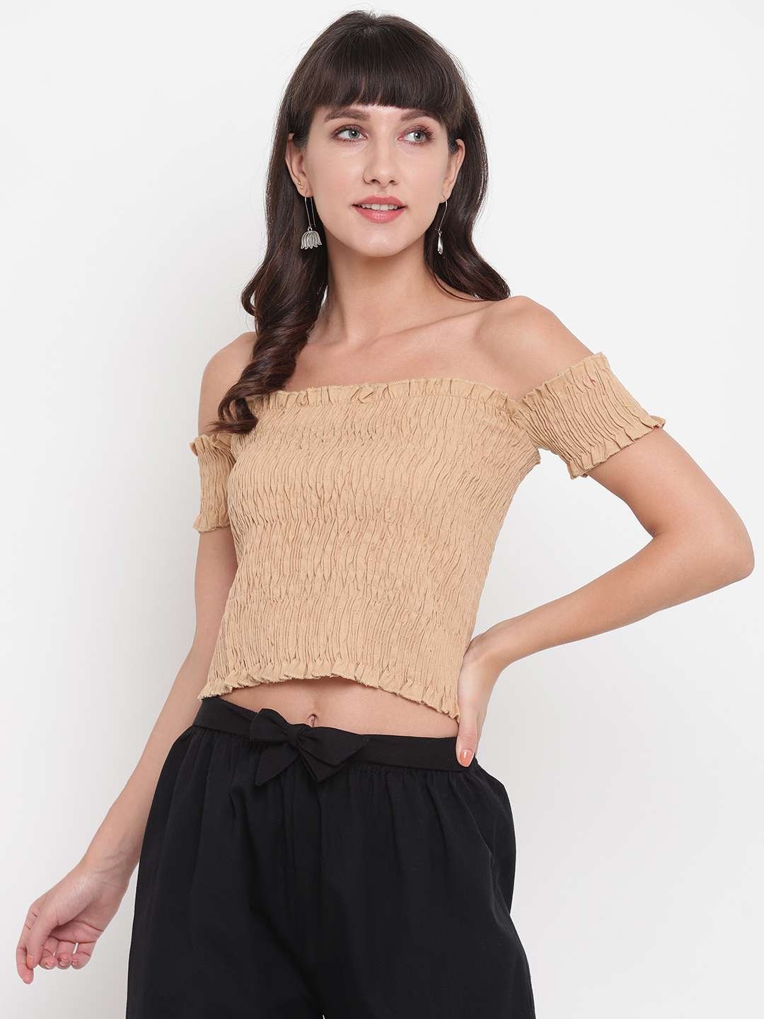 Women's Rayon Solid Off-Shoulder Smocked Crop Top Short Sleeve Casual Styles Tank Top (FREE SIZE) Multi17