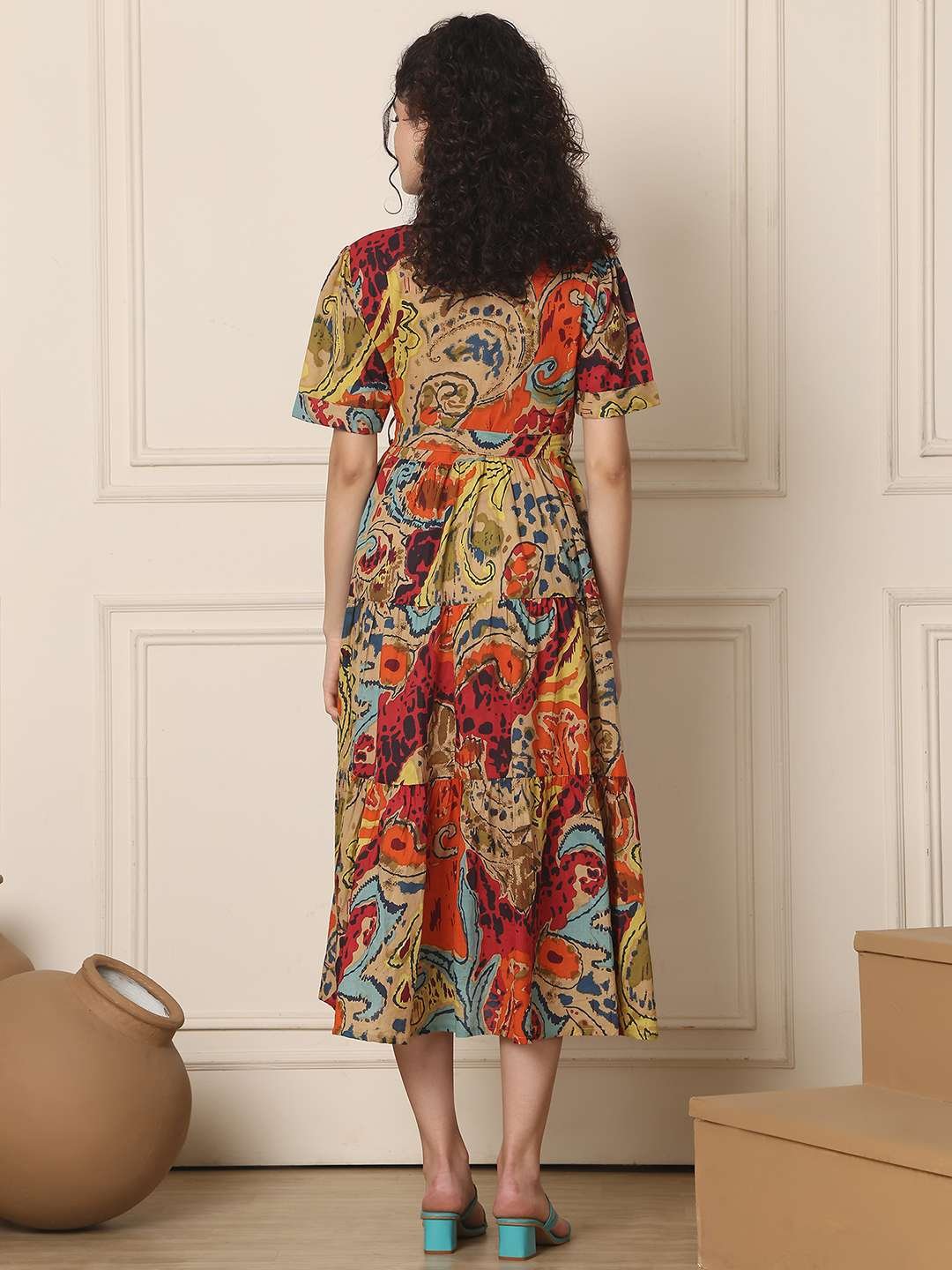 Women's Cotton Printed A-Line Midi Dress | Short Sleeve Flared Gown Dress (Multti Color1) - Image 2