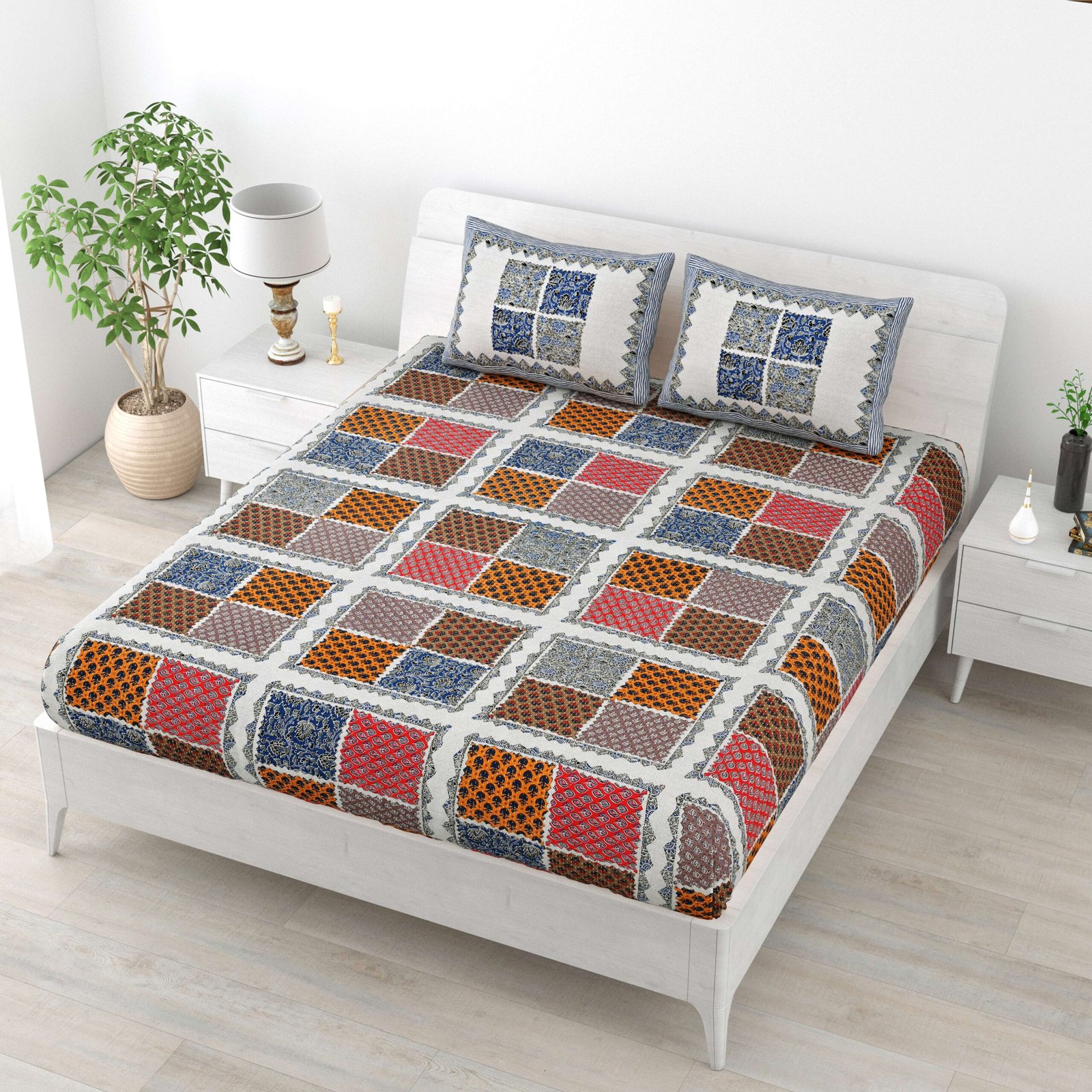Rajasthani Traditionally Printed Cotton Doublebed Bedsheet With Pack of 2 Pillow Covers