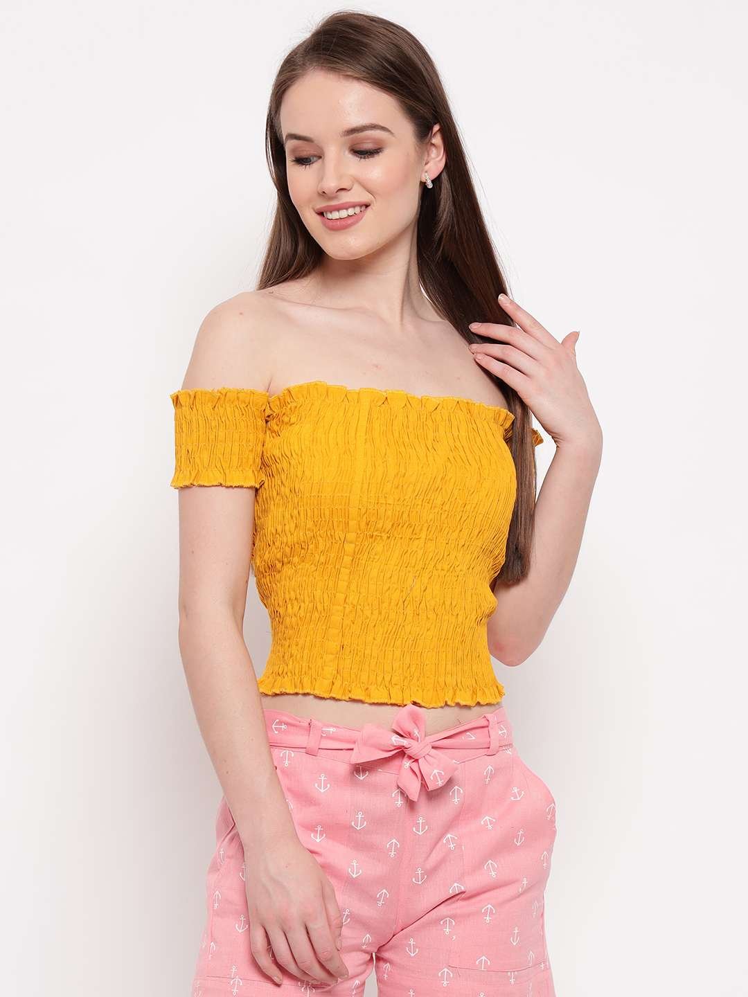 Women's Rayon Solid Off-Shoulder Smocked Crop Top Short Sleeve Casual Styles Tank Top (FREE SIZE) Multi24