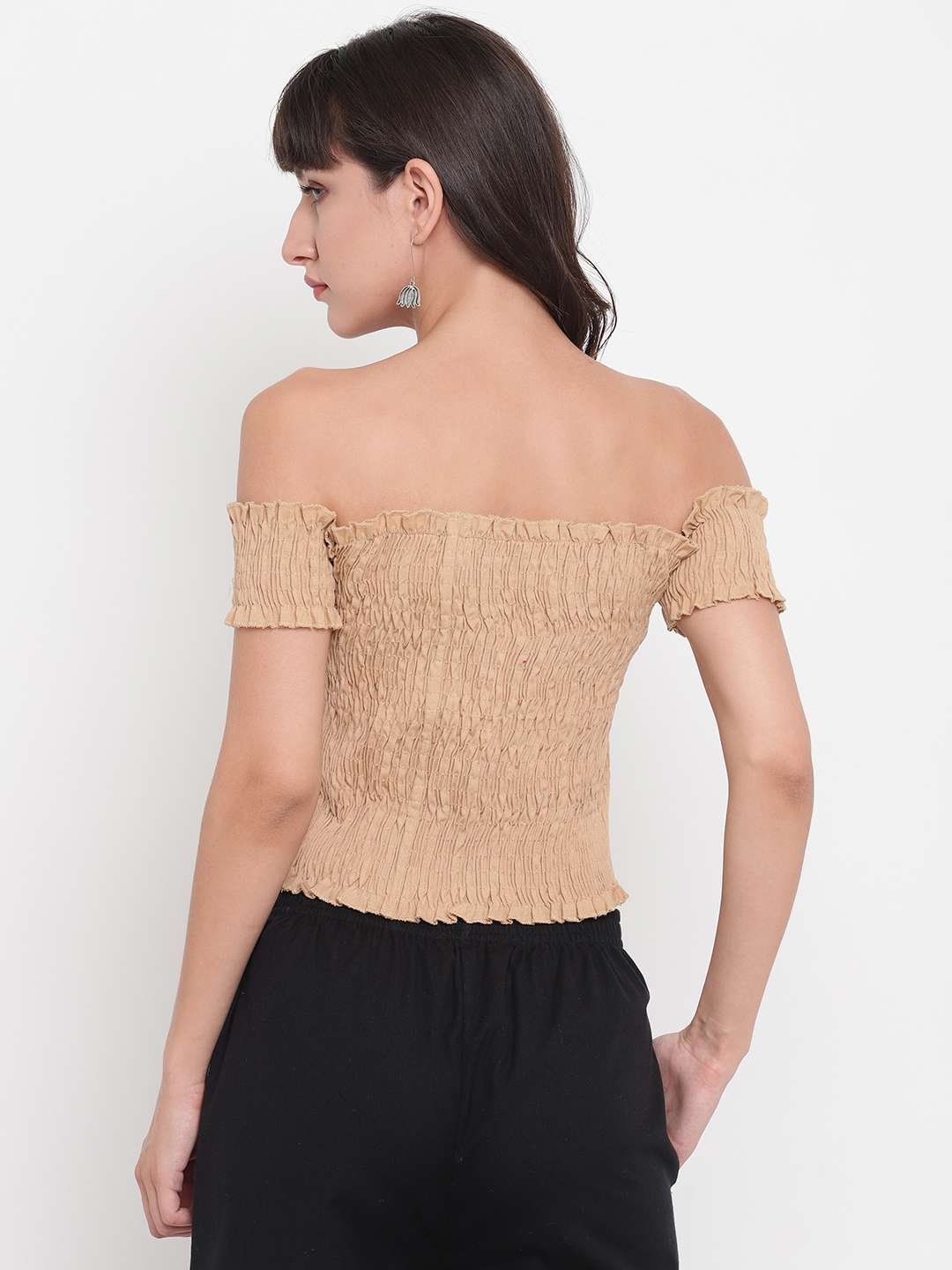 Women's Rayon Solid Off-Shoulder Smocked Crop Top Short Sleeve Casual Styles Tank Top (FREE SIZE) Multi17 - Image 3