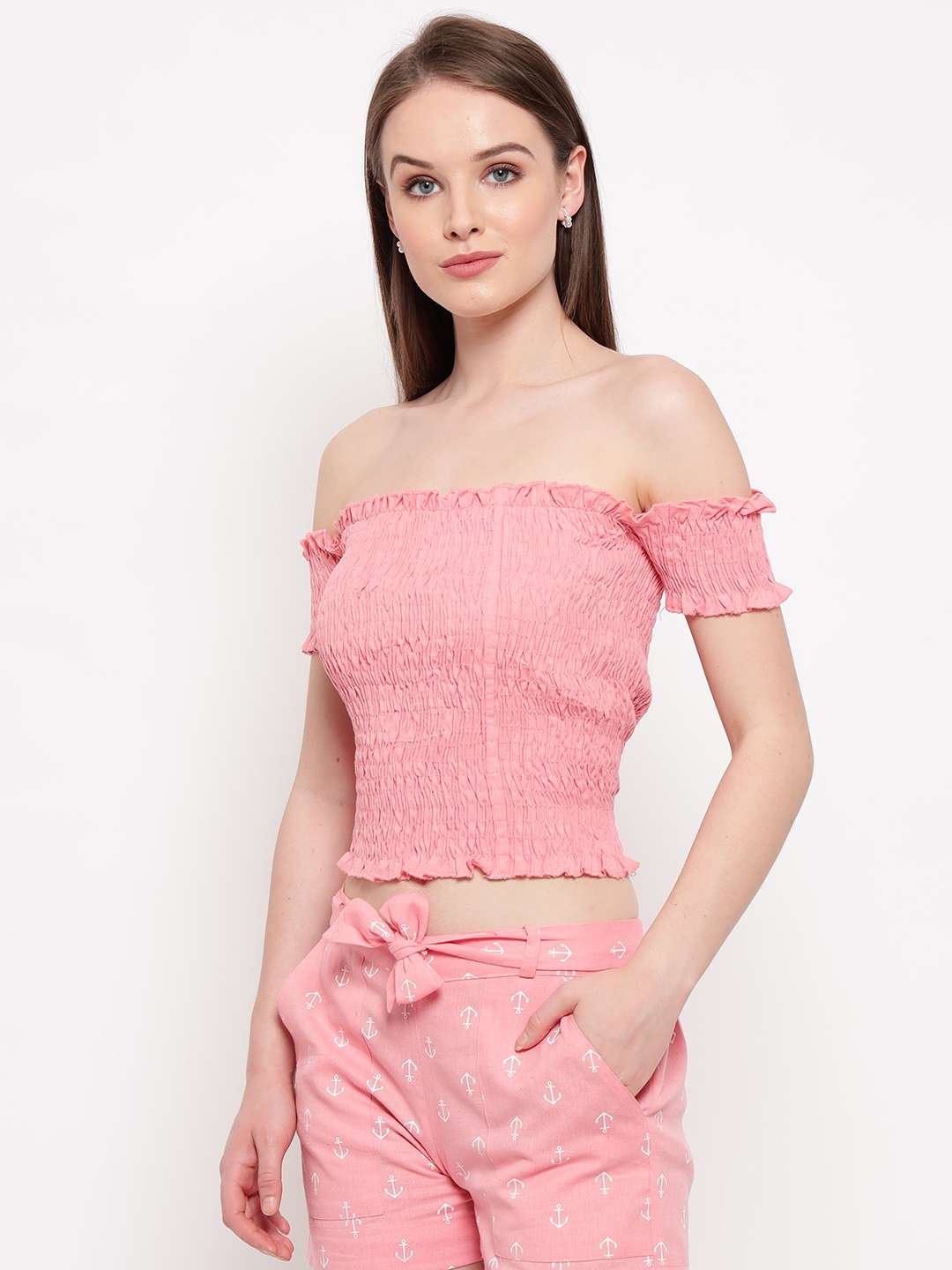 Women's Rayon Solid Off-Shoulder Smocked Crop Top Short Sleeve Casual Styles Tank Top (FREE SIZE) Multi16